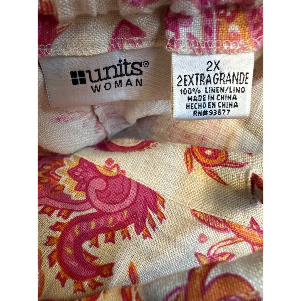 Units Woman Paisley 100% Linen Relaxed Pants Tan Pink Plus Size 2X Lagonlook - Picture 7 of 14